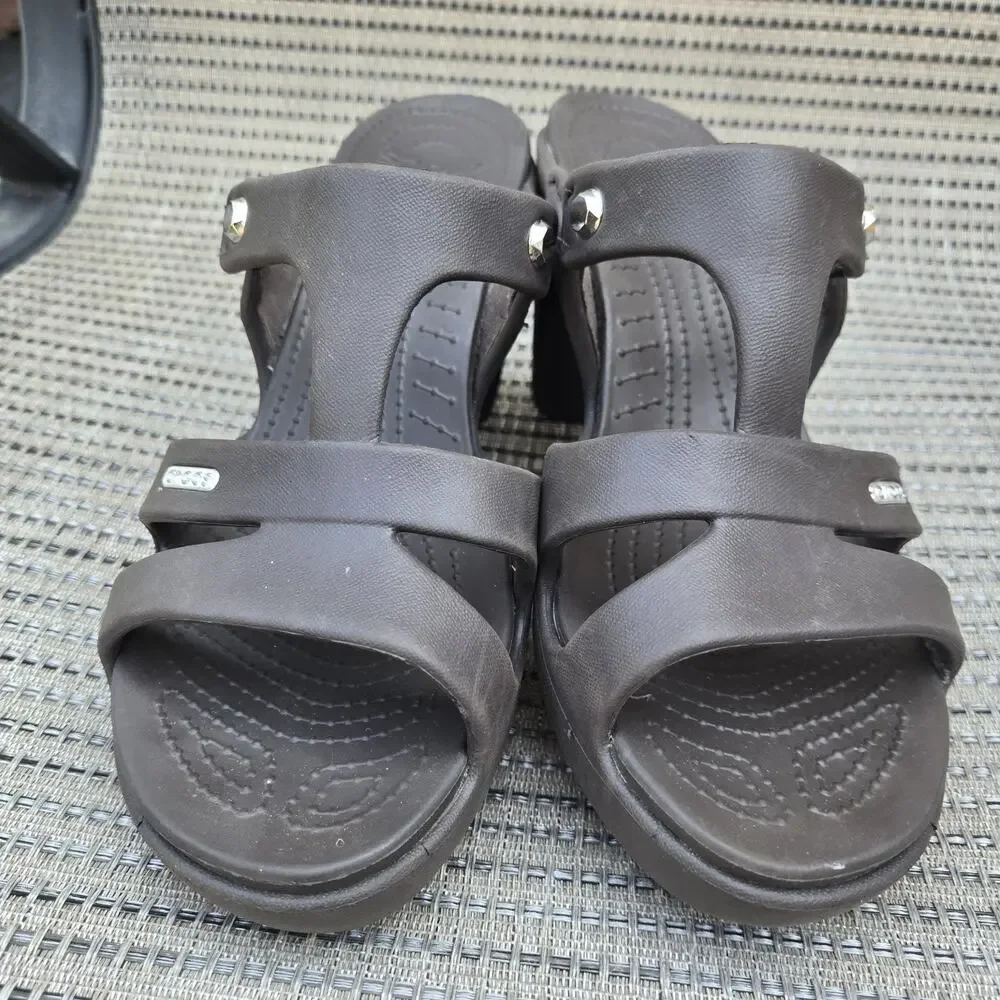 Crocs Women's Cyprus IV Open Toe Slip-on Heel Sandals Strappy Brown Size 9‎